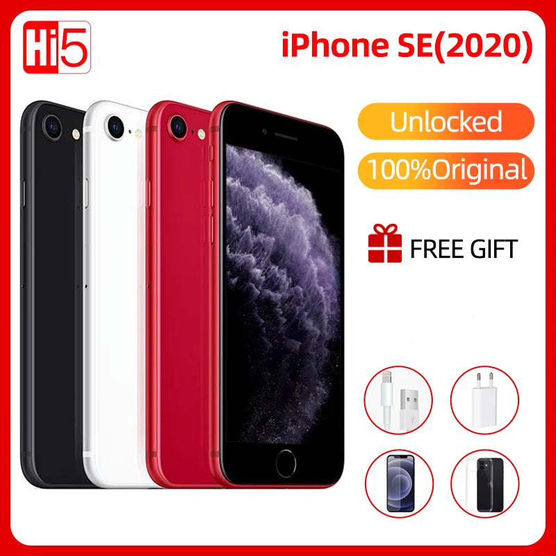 iPhone SE 2020 in black, white, and red. Features include unlocked, 100% original, and a free gift with purchase. Accessories include charger, cable, and case.