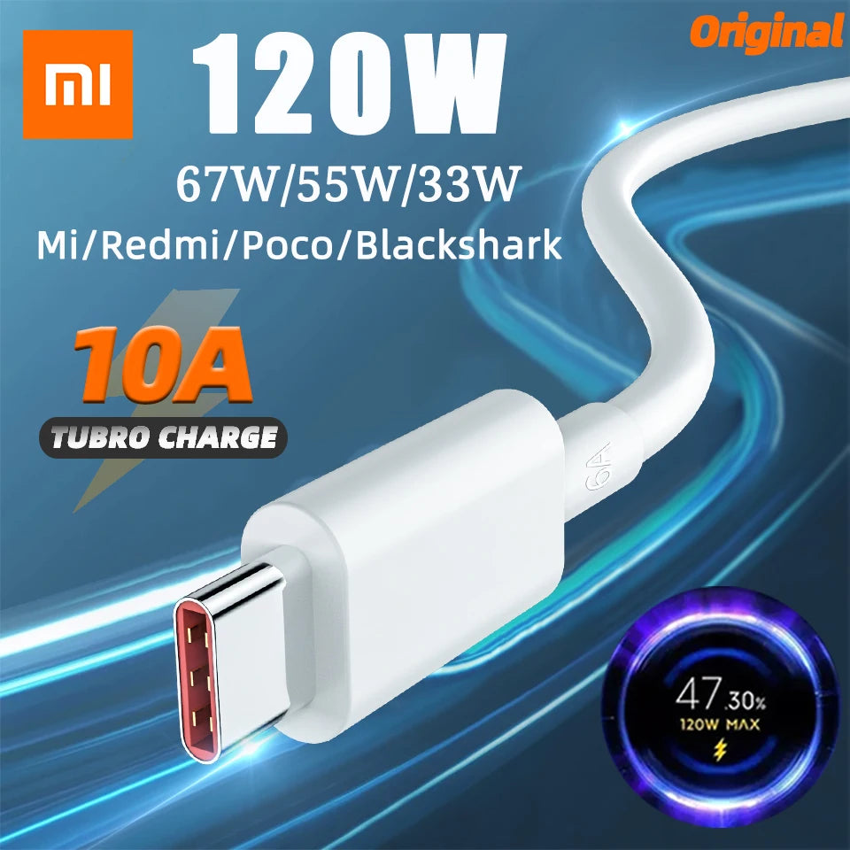 Fast charging USB cable with 120W power for Mi, Redmi, Poco, Blackshark. Features include 67W/55W/33W output, 10A Turbo Charge. Illustrated with dynamic blue graphics.