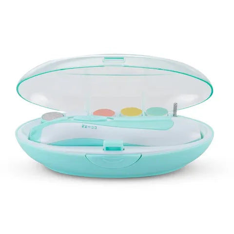 Open turquoise and white manicure set with various nail care attachments inside a compact case. The lid is propped open, revealing colorful discs and a compartment.