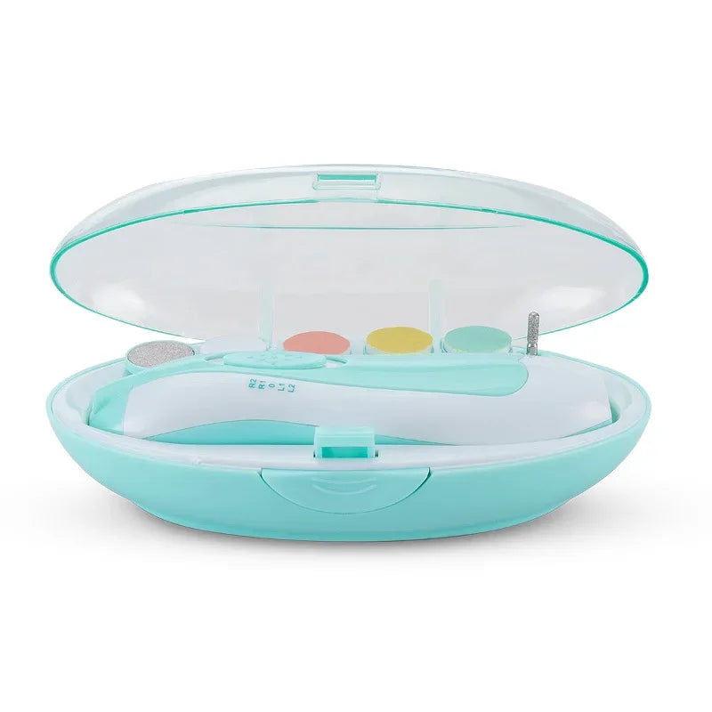 Mint green electric nail care set in an oval case with interchangeable colored filing disks and a transparent lid, designed for gentle nail grooming and polishing.