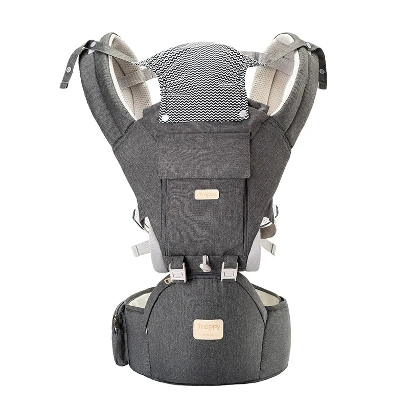 Gray baby carrier with padded shoulder straps, a zigzag-patterned headrest, and adjustable buckles, designed for comfort and safety. Features a storage pocket on the waistband.