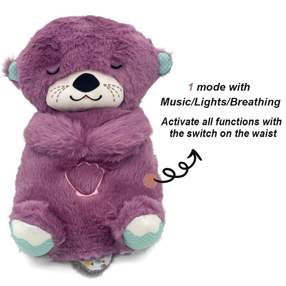 Purple stuffed bear with sleepy eyes features music, lights, and a breathing mode. Functions are activated by a switch on the waist, shown with text and an arrow.