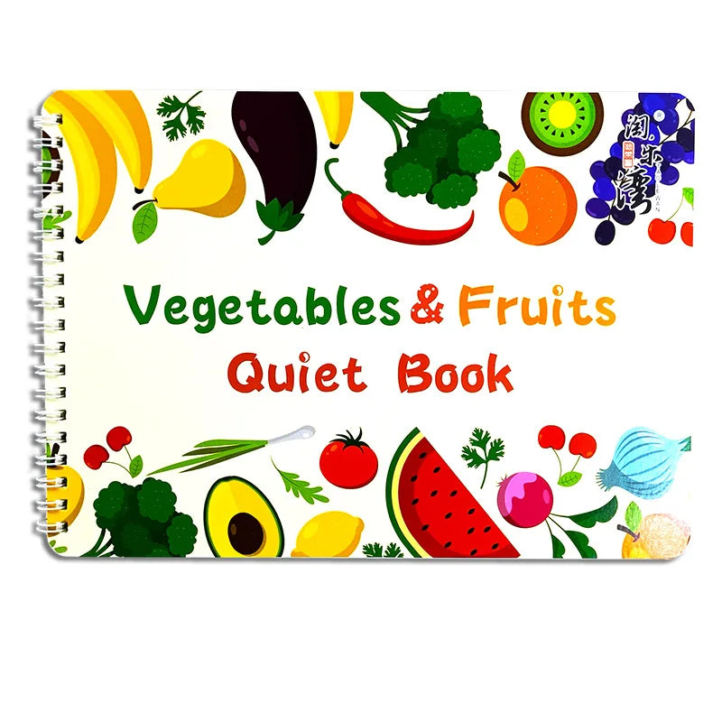 Children's quiet book cover with colorful illustrations of fruits and vegetables like bananas, broccoli, watermelon, and tomatoes surrounding the title "Vegetables & Fruits Quiet Book".