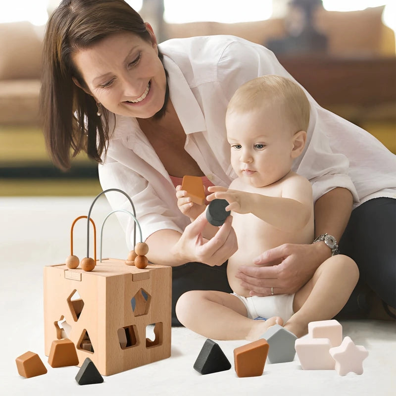 Wooden Activity Cube with Geometric Shapes