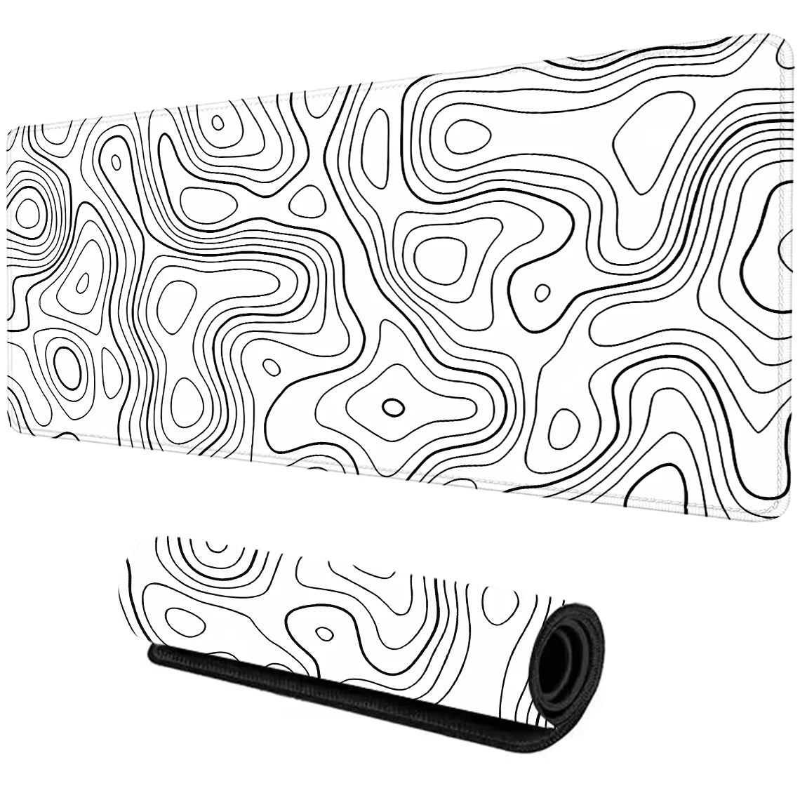 White mouse pad with intricate black wavy line patterns resembling topographical maps. One pad is flat, and another is shown rolled up.