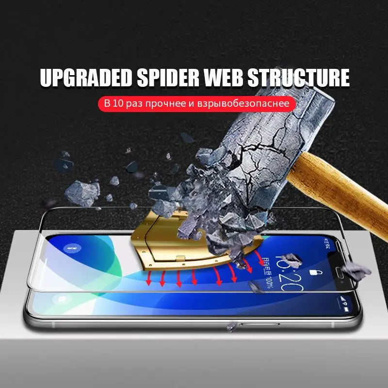 A hammer shatters upon impact with an upgraded spider web structure screen protector on a smartphone, demonstrating its durability and explosion-proof feature.