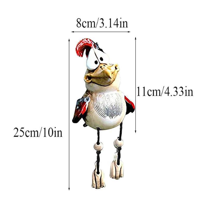 Quirky bird sculpture with exaggerated features, measuring 25cm tall, 11cm wide, and 8cm deep. It has colorful wings, a red crest, and large feet.