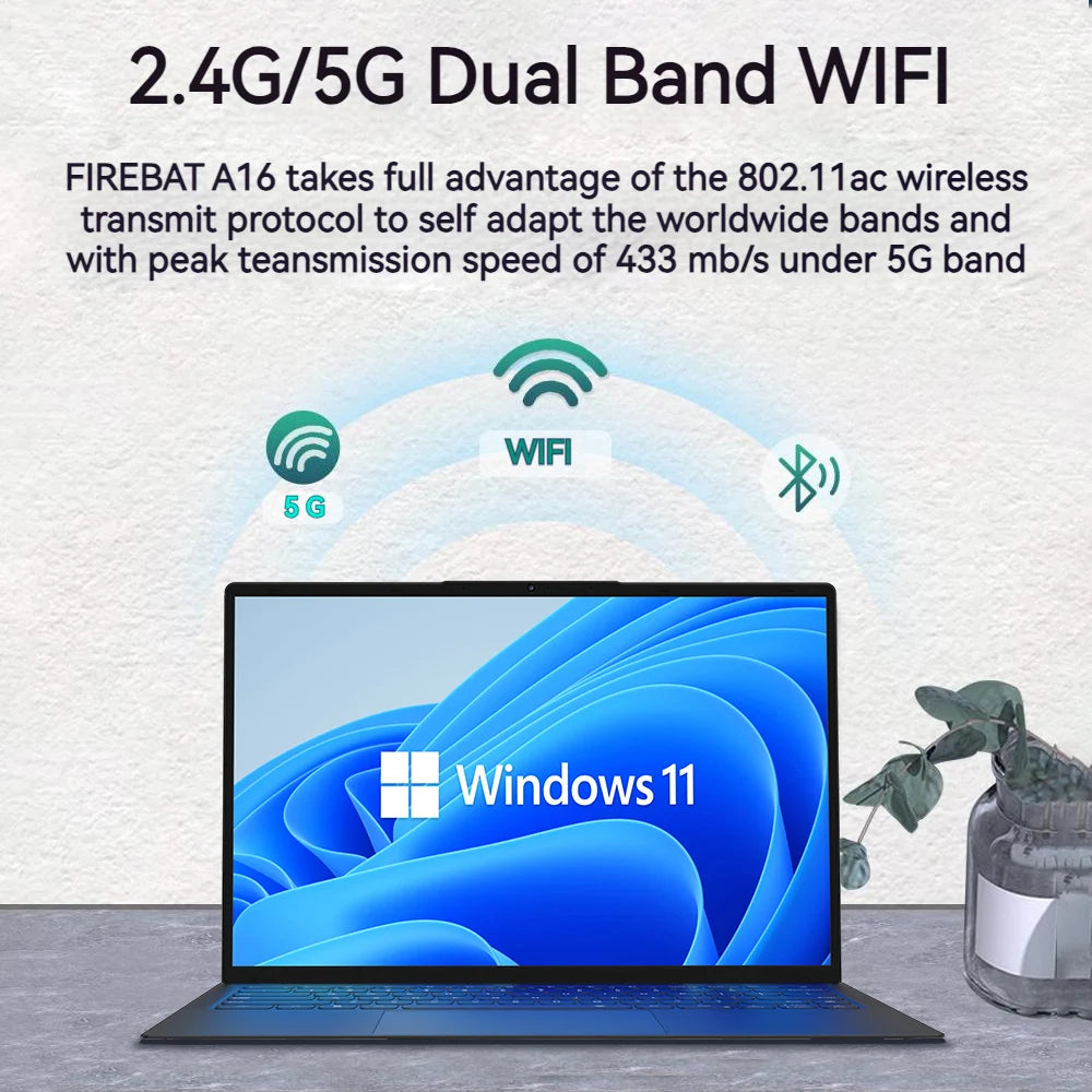 Laptop displaying Windows 11 with text promoting 2.4G/5G Dual Band WIFI capabilities, highlighting a 433 mb/s peak speed on the 5G band and the 802.11ac protocol.