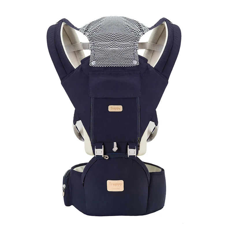Dark blue ergonomic baby carrier with padded shoulder straps, a herringbone-patterned hood, and buckles for secure fastening. It features "Treppy" branding on the front pocket.