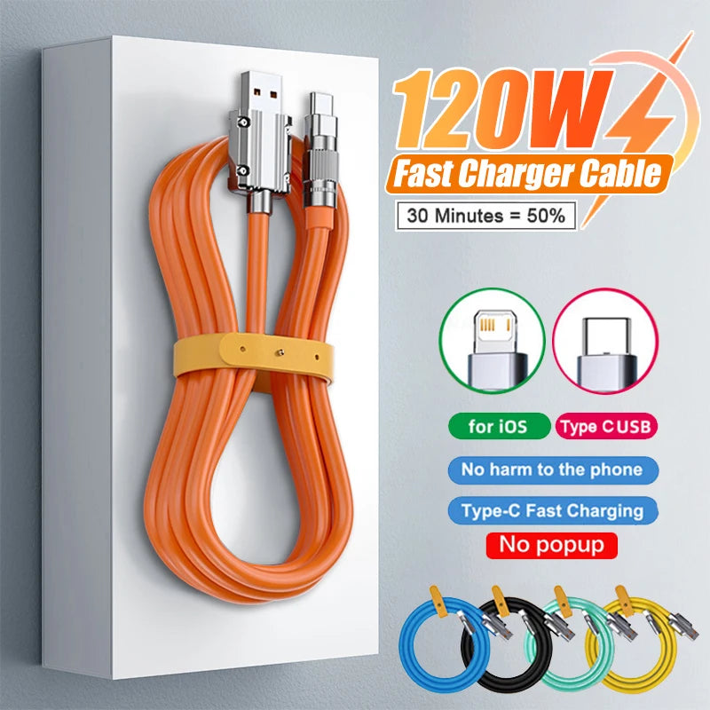 Orange 120W fast charger cable with USB and Type-C connectors for iOS and USB devices. Promises 50% charge in 30 minutes, no phone harm, and no popups. Available in multiple colors.