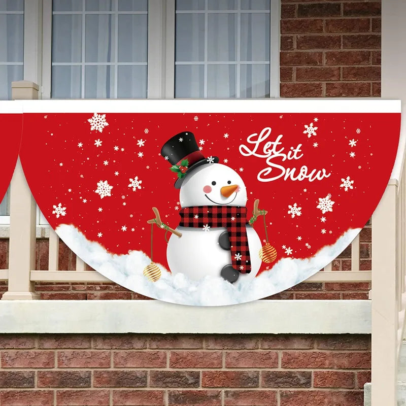 Festive banner with a snowman in a top hat and scarf, surrounded by snowflakes and candy canes, on a red background. "Let it Snow" is written in white cursive.