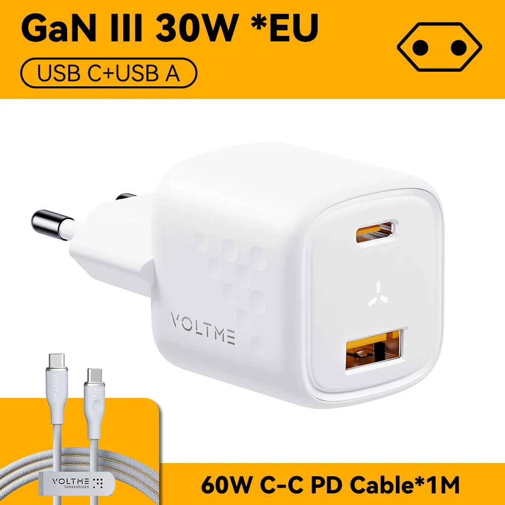 White GaN III 30W EU charger with USB-C and USB-A ports, shown with a 60W USB-C to C PD cable, 1 meter long. Background is orange with bold text and icons.