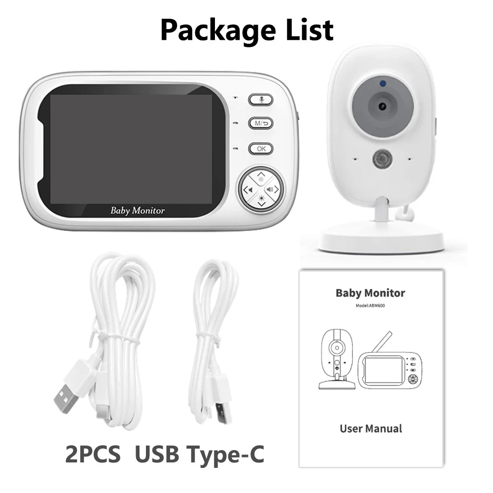 Baby monitor package includes a monitor screen, camera, two USB Type-C cables, and a user manual.