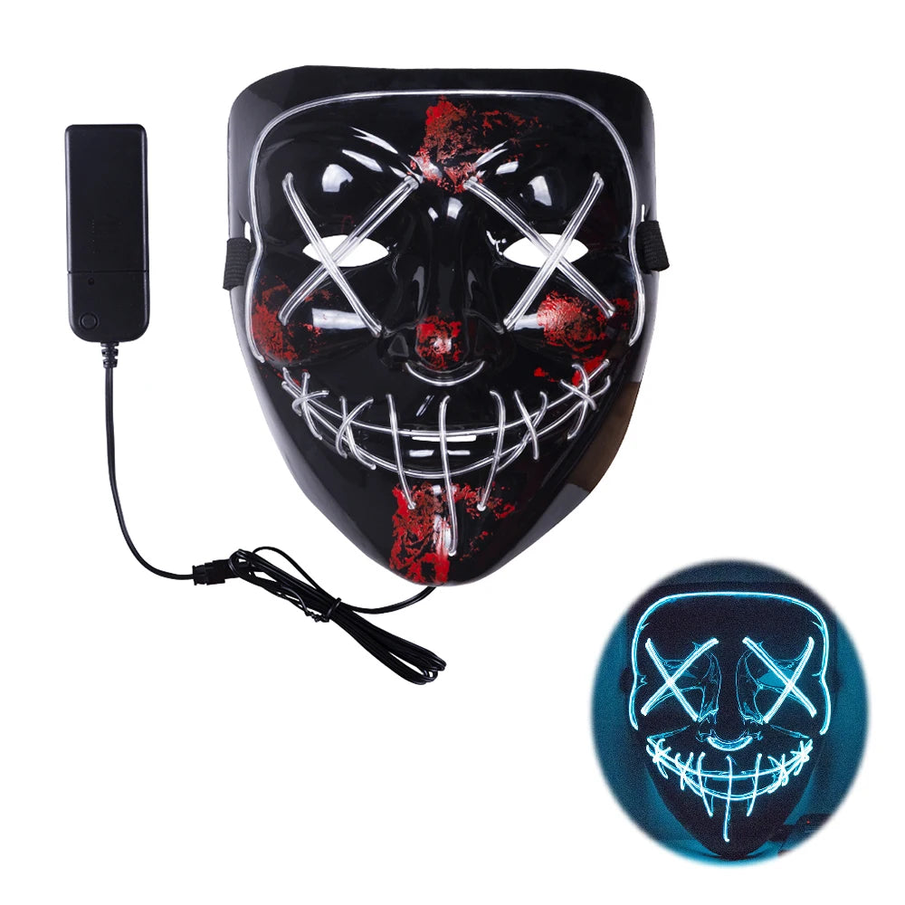 Black LED mask with glowing white lines forming an X over each eye and a stitched grin. Red splatters add to the eerie design. Includes a battery pack for illumination.