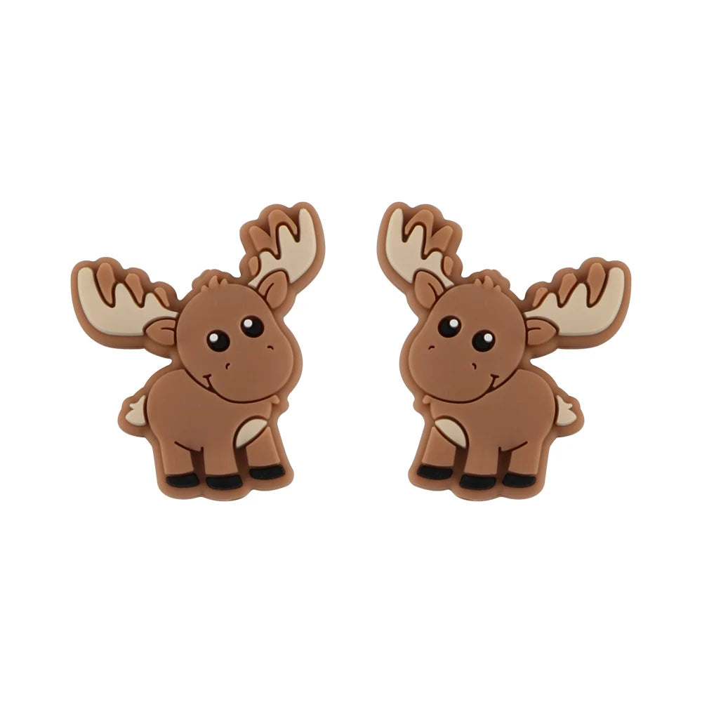 Two cute, cartoon-style moose figures with large antlers and smiling faces, side by side, with a brown body and cream accents on the antlers and belly, set against a white background.