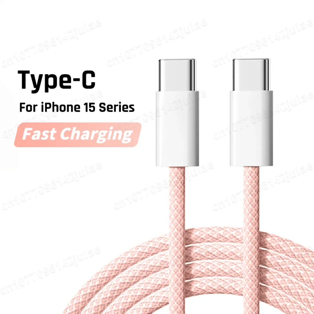 Pink Type-C charging cable for iPhone 15 with fast charging capability. The cable features a durable braided design and white connectors.