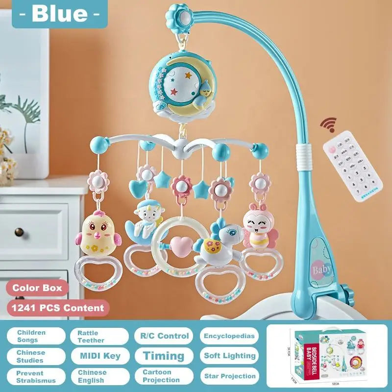 Blue baby mobile with hanging toys and a remote control. Features include music, timing, soft lighting, star projection, and educational content. Box displayed below.