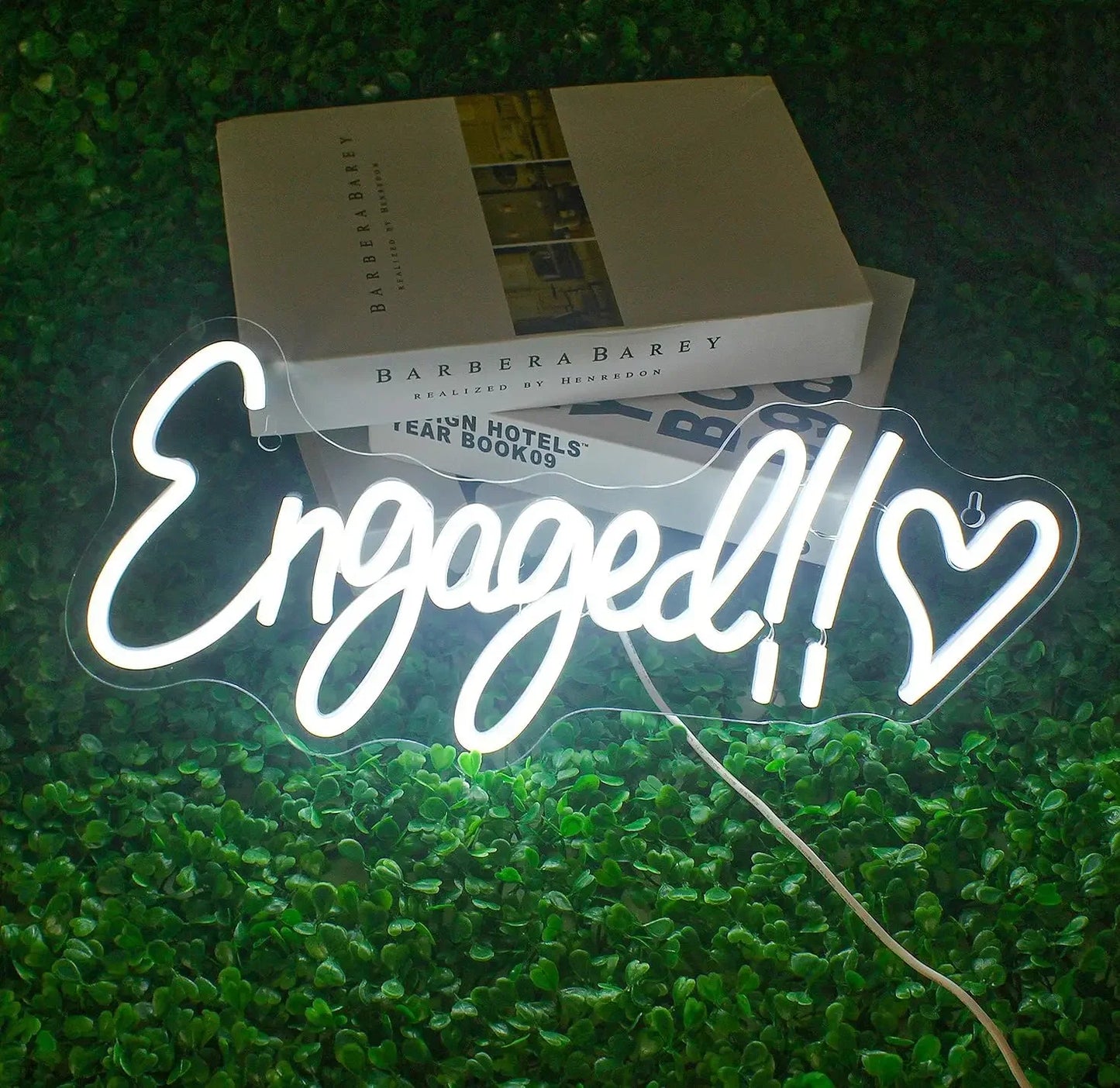 Neon sign reading "Engaged!!" with a heart symbol, set against a lush green background. Two books, one titled "Barbera Barey," are partially visible behind the sign.