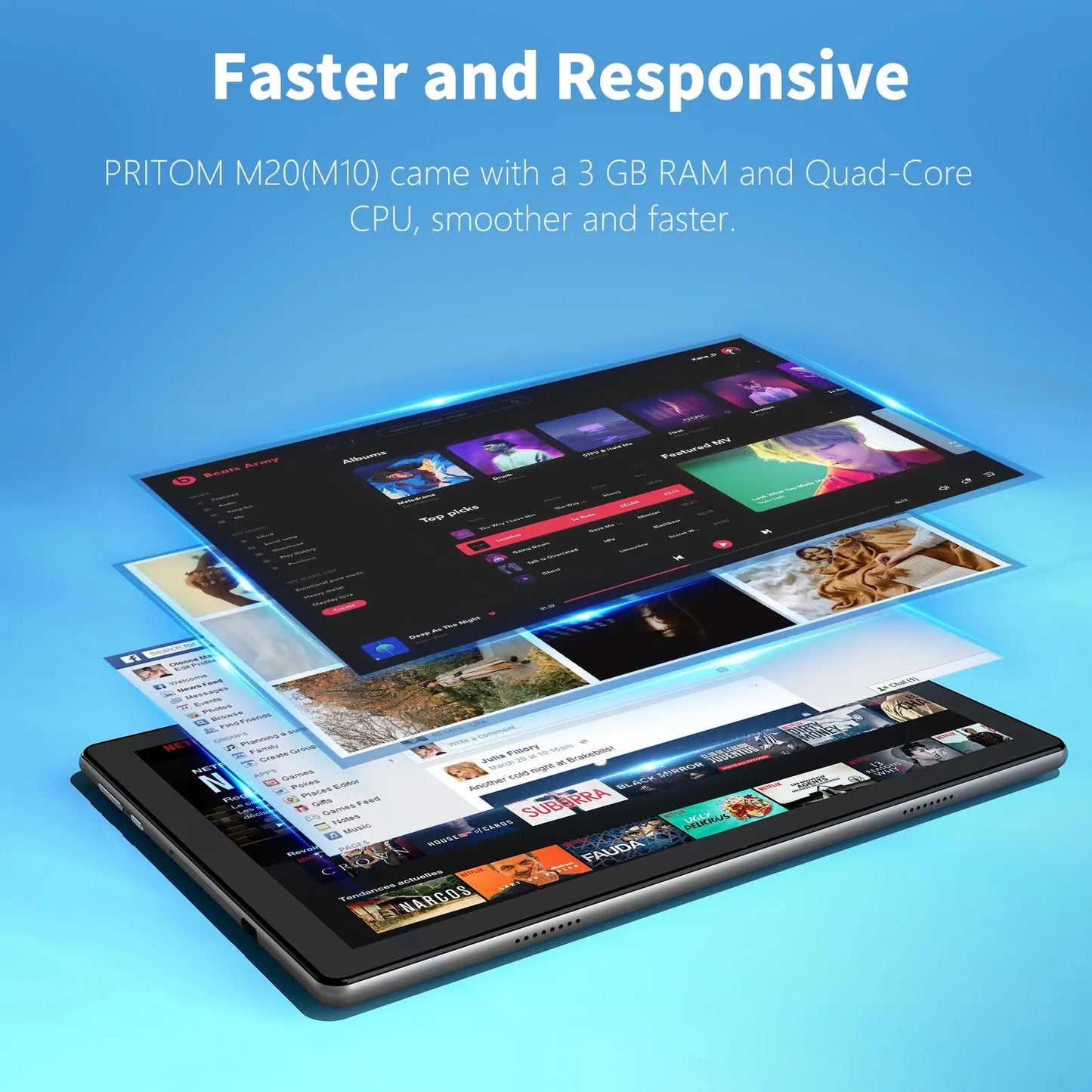 Tablet with layered interface screens, showcasing music, social media, and other apps. Text above reads: "Faster and Responsive. PRITOM M20(M10) with 3 GB RAM and Quad-Core CPU."