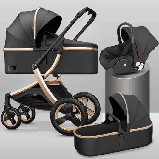 Black and gold baby stroller set with a carrycot, car seat, and bassinet. The sleek design features three large wheels and a modern frame, arranged on a light grey background.