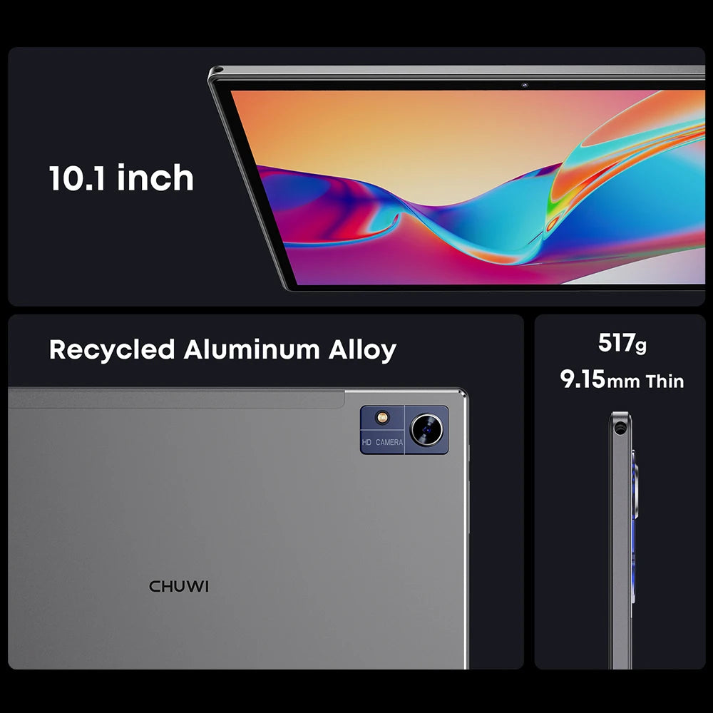 Tablet with a 10.1-inch display, vibrant screen, and HD camera. Made from recycled aluminum alloy, it weighs 517g and is 9.15mm thin. Brand name visible on the back.