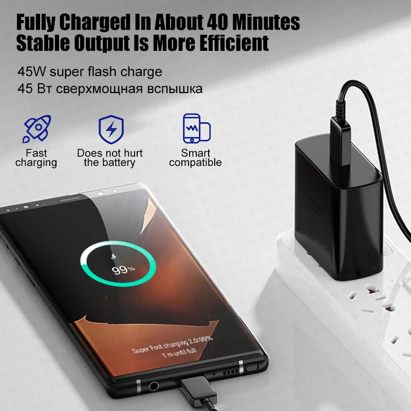 Smartphone charging with a 45W charger, showing 99% completion. Text highlights fast charging, battery safety, and compatibility. Device on a power strip next to the charger.