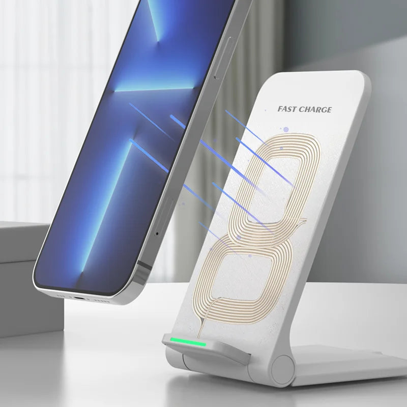 Smartphone being charged wirelessly on an upright, white charging stand labeled "Fast Charge," featuring a glowing light indicator and charging symbol.