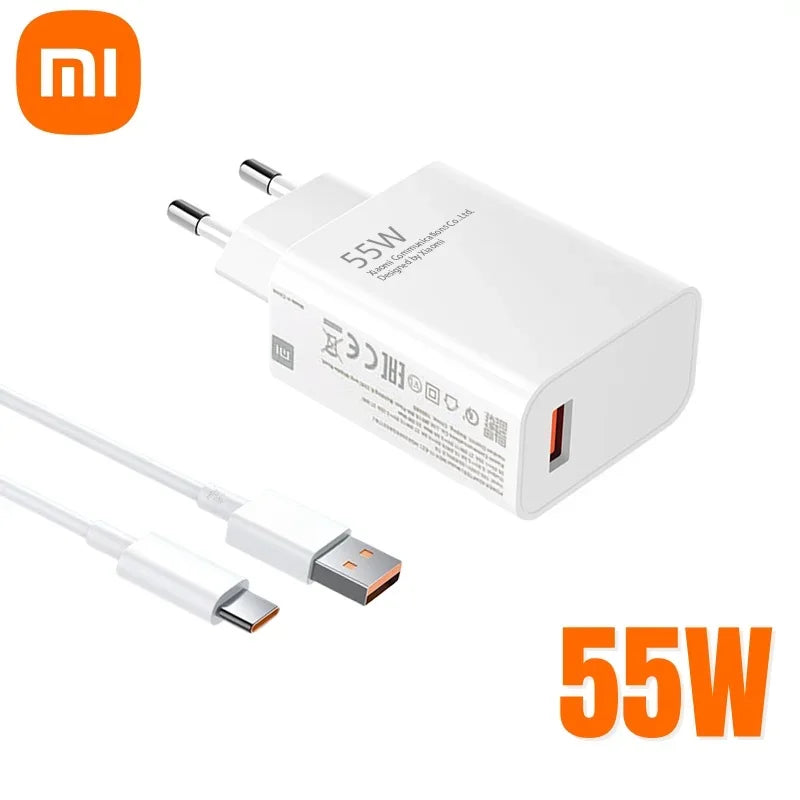 White 55W wall charger with USB-A and USB-C ports, featuring a detached USB-C to USB-A cable. The charger is displayed with the brand logo and specifications.