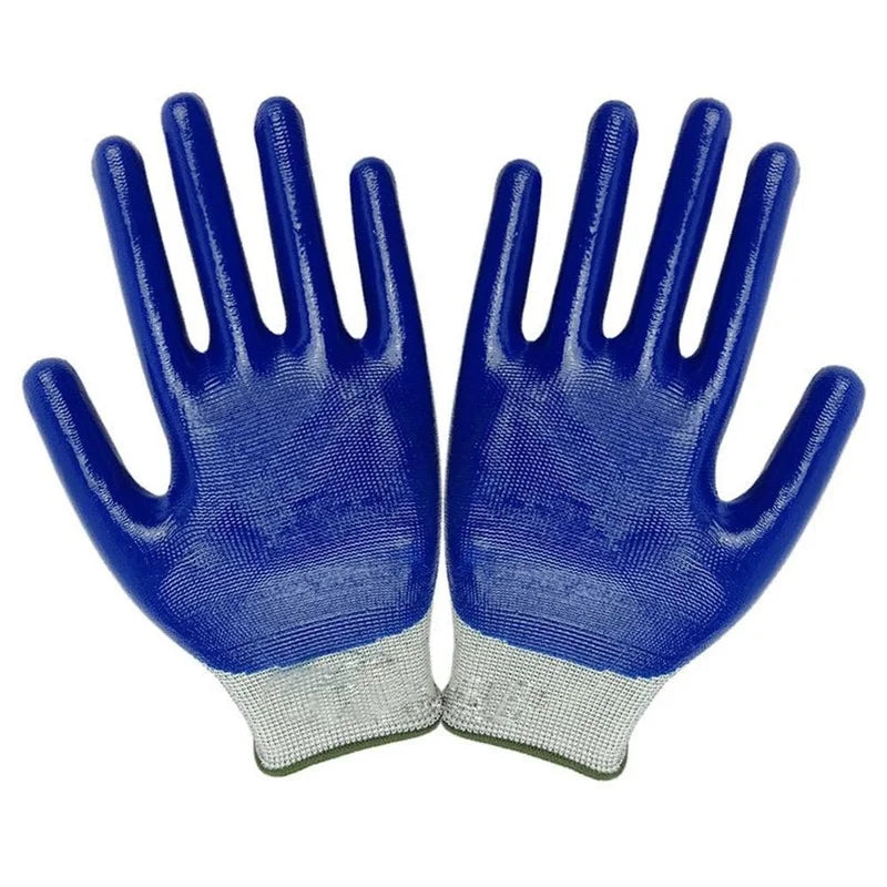 Blue rubber-coated work gloves with white fabric cuffs are laid out flat, palms facing up. The gloves have a textured surface for grip and protection.