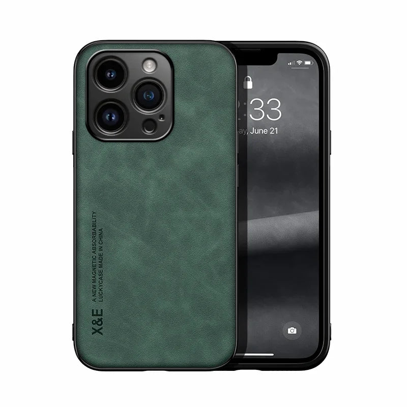 Green leather-textured phone case with X&E branding, covering a smartphone showing the lock screen. The phone has a triple camera setup and the time displayed is 9:33.
