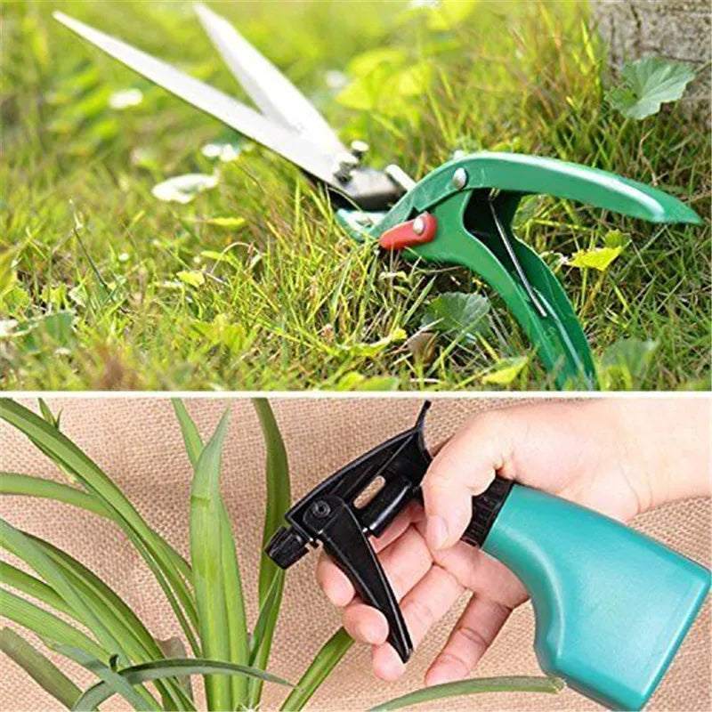 Top image shows garden shears on grass; bottom image displays a hand holding a blue spray bottle near green leaves on a burlap background.