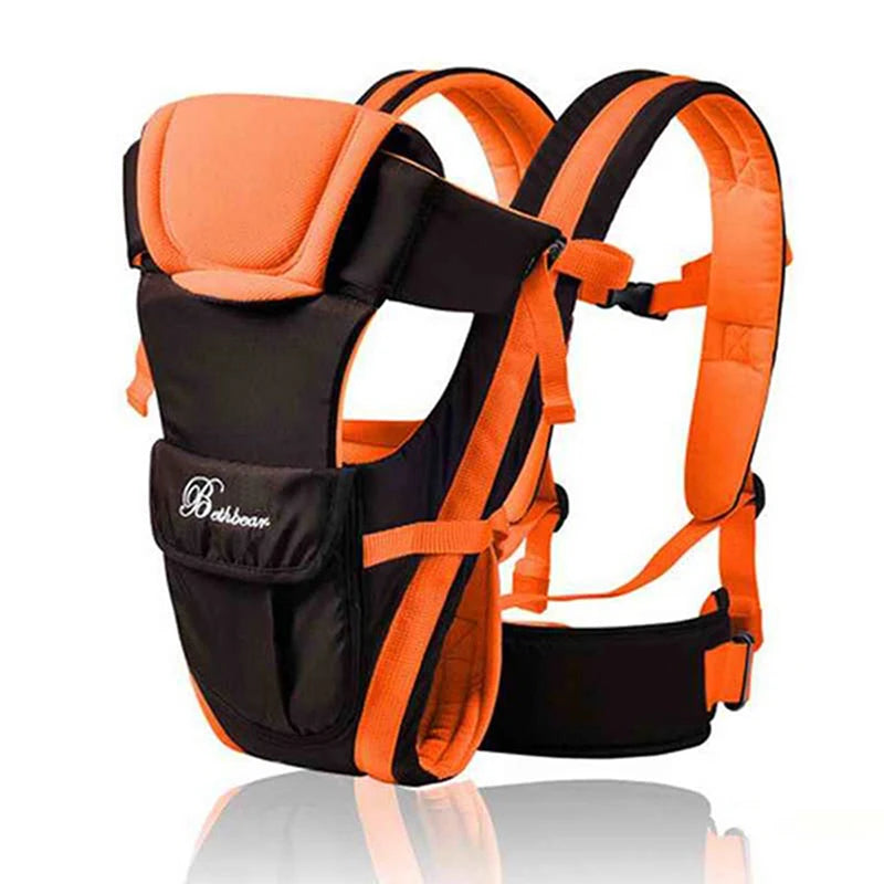 Orange and black baby carrier with padded straps and a front pocket, designed for comfort and support. Suitable for carrying infants and toddlers hands-free.