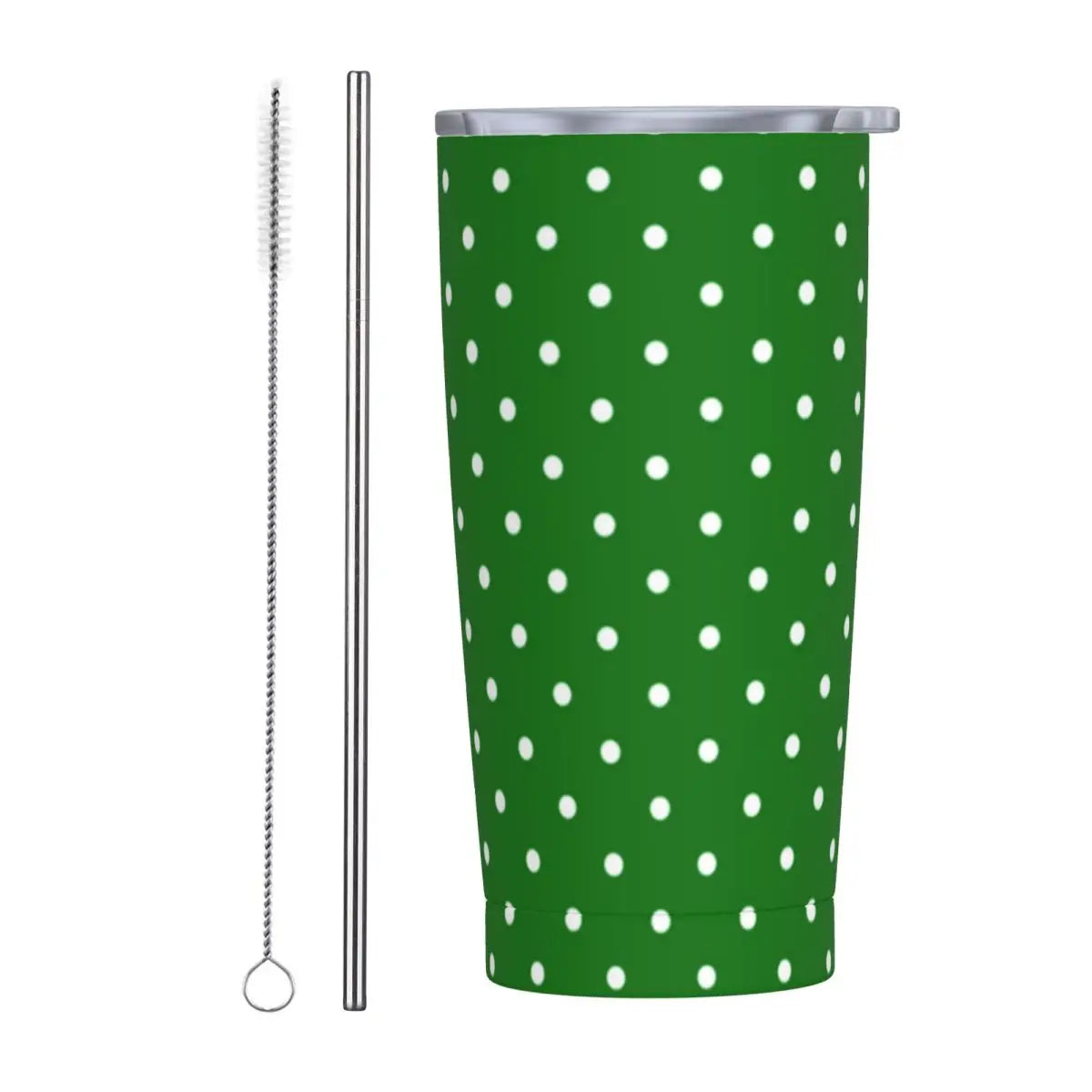 Green tumbler with white polka dots, accompanied by a metal straw and a cleaning brush, set against a white background.