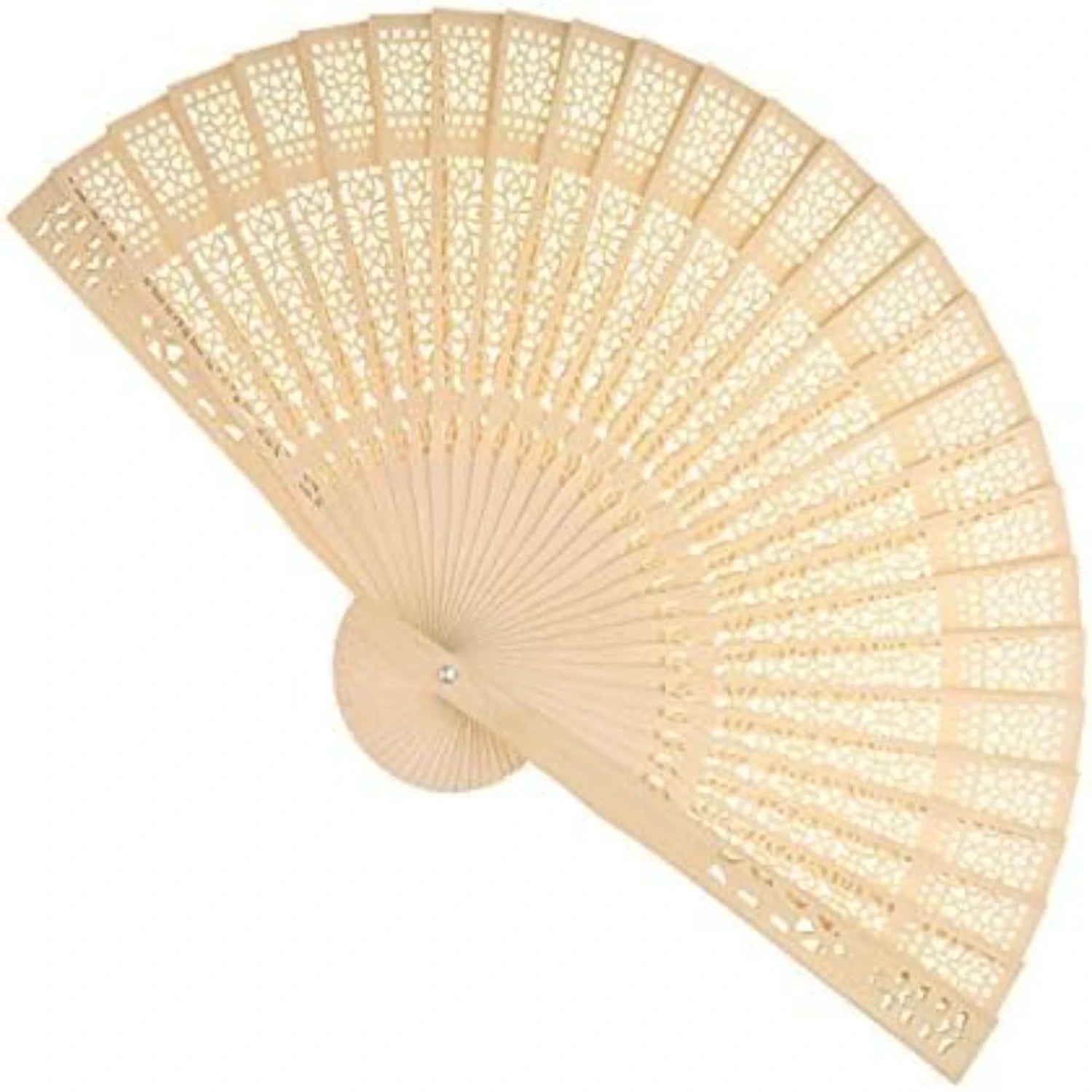 A light beige handheld fan with intricate cut-out patterns, spread open in a semicircle.