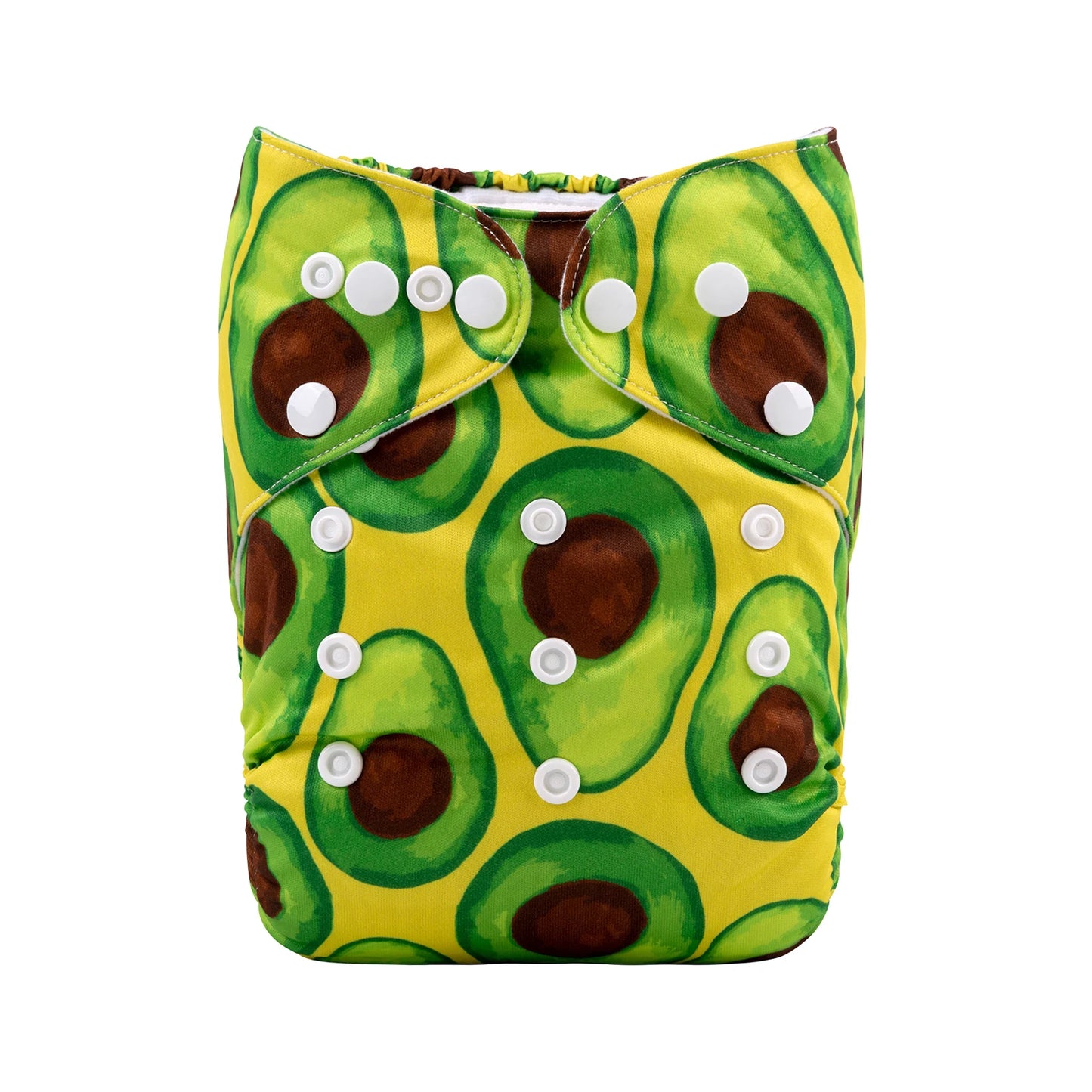 Cloth diaper featuring a vibrant avocado pattern with green and brown halves on a yellow background. It has adjustable white snaps for a secure fit.