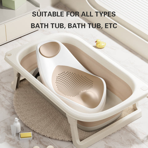 Foldable baby bathtub with a removable insert, placed on a round mat. Nearby are a rubber duck and bath items. Text above reads “Suitable for all types bath tub, bath tub, etc.”