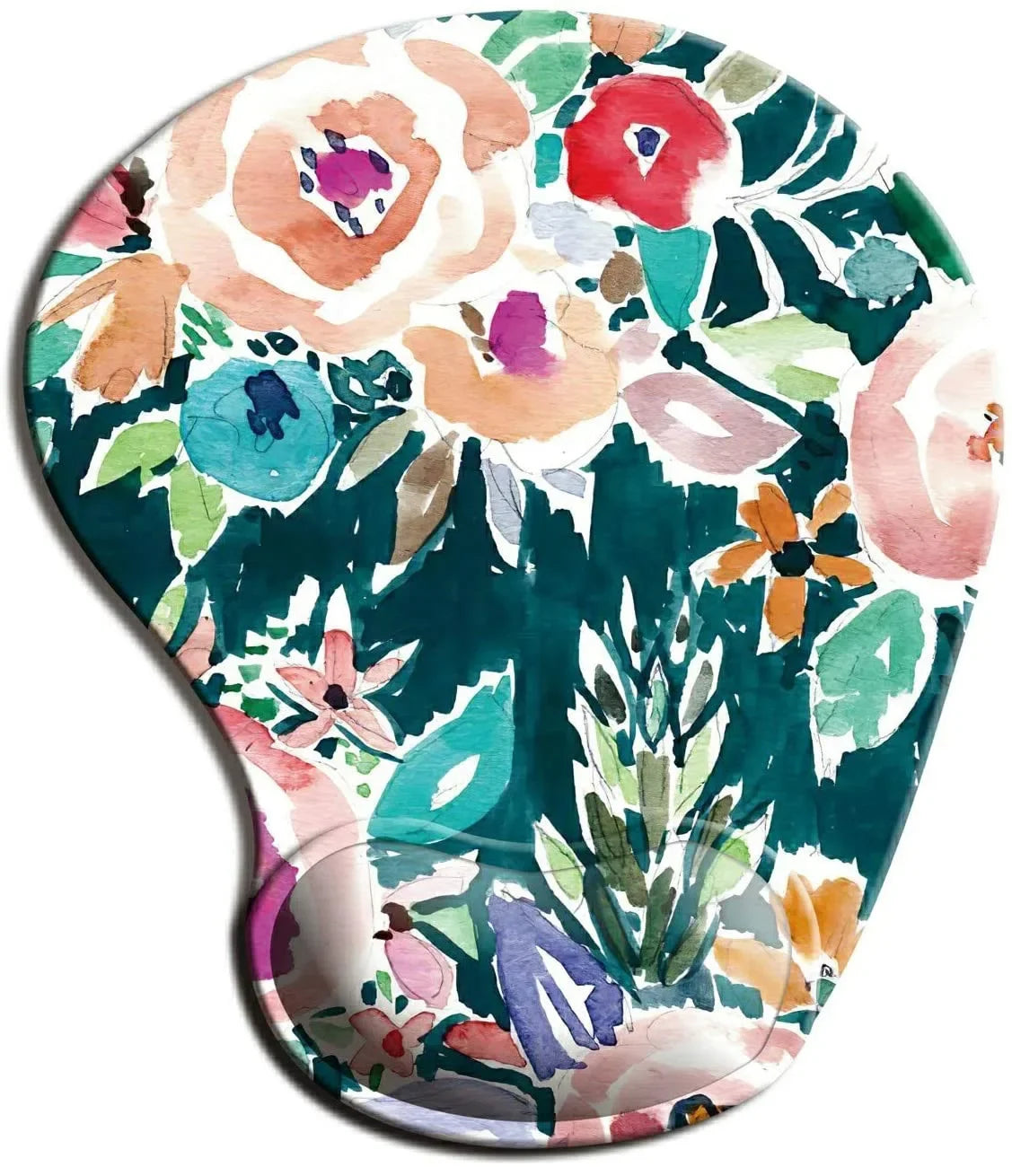 Ergonomic mouse pad with a vibrant watercolor floral design, featuring various colorful flowers and leaves on a deep green background.
