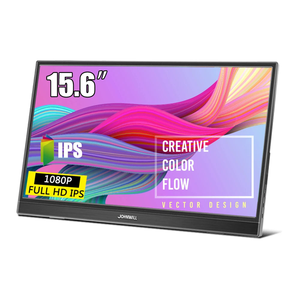 15.6-inch portable monitor with vibrant, colorful design on the screen. Features include Full HD 1080p IPS display, emphasizing creative color flow and vector design.