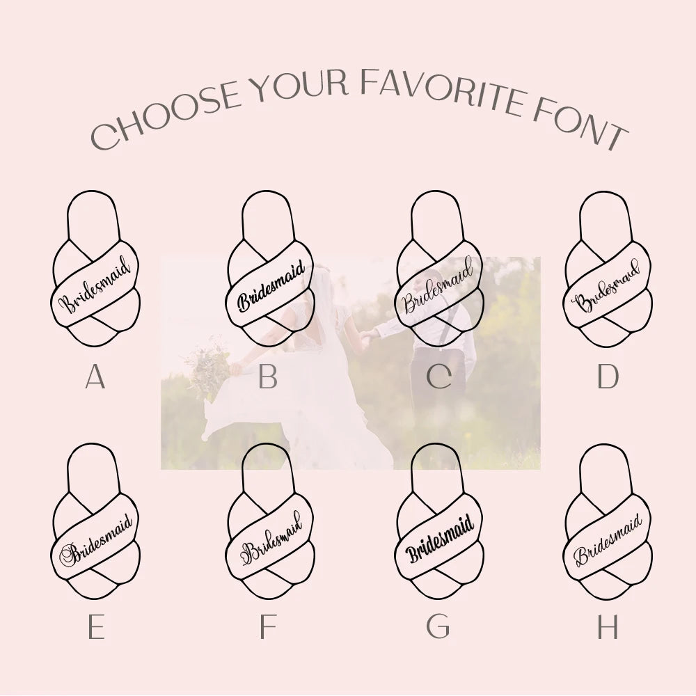 Eight font styles for the word "Bridesmaid" on knot graphics, labeled A to H. A soft background displays a bride holding hands with her partner. Text: “Choose Your Favorite Font.”