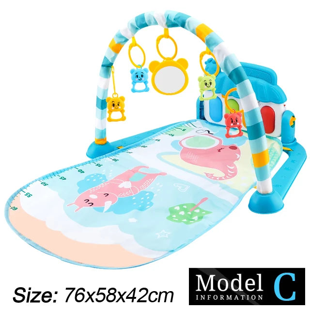 Baby play mat with a colorful arch, hanging toys, and an illustrated surface featuring an elephant design. The mat measures 76x58x42 cm. Model C is indicated.