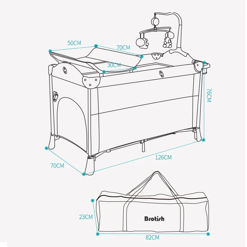 Illustration of a baby playpen with a changing table and mobile. Dimensions: 126cm length, 76cm height, 70cm width. Includes a carrying case measuring 82cm by 23cm.