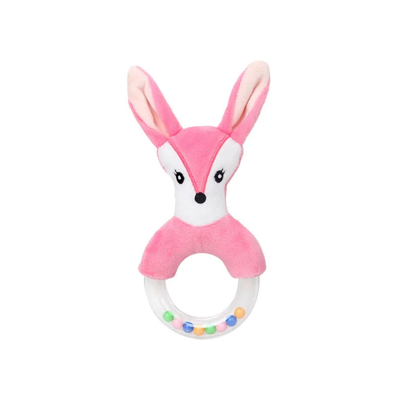 Pink plush animal rattle with a ring handle filled with multicolored beads. The animal has large ears and a cute face, designed for babies and toddlers.