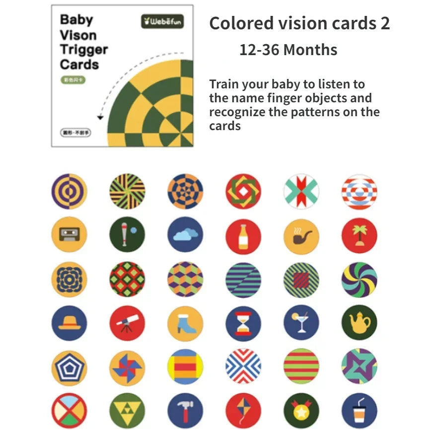 Colorful vision cards for babies aged 12-36 months with diverse patterns and objects like hats, bottles, and teapots, designed to help recognize shapes and improve visual skills.