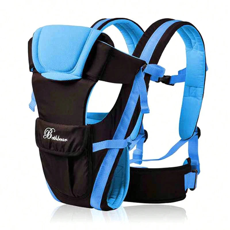 Black and blue baby carrier with adjustable straps and padded shoulder support, designed for front chest carrying.