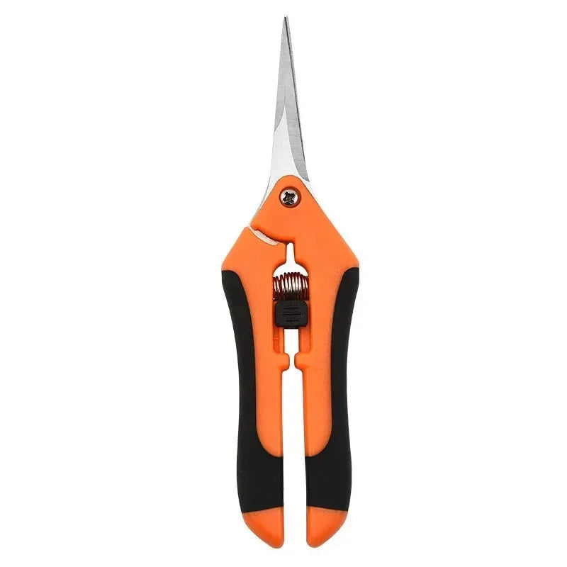 Orange and black pruning shears with ergonomic handles and a sharp, pointed blade, designed for precise trimming. A visible spring and locking mechanism are between the handles.