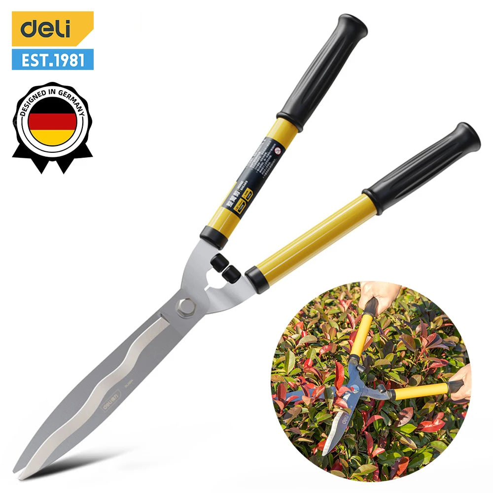 Yellow-handled garden shears with black grips and silver blades. Inset shows hands trimming red and green foliage. "Designed in Germany" badge and "Deli EST. 1981" logo are visible.