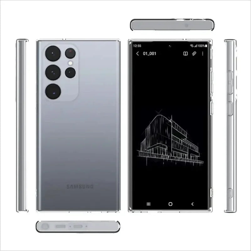 Front and back views of a smartphone with a quad-camera setup and a sleek design. The screen displays a digital sketch of a modern building.