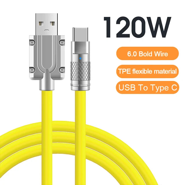Yellow USB to Type-C cable with 120W power rating, 6.0 bold wire, and TPE flexible material. Features a durable metal connector with textured grip.