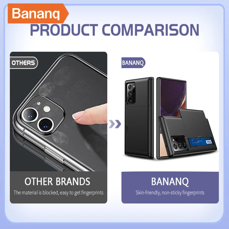 Comparison of phone cases: Left shows a phone with fingerprints labeled "Other Brands." Right shows a clean phone with card slots labeled "BANANQ," highlighting non-stick material.