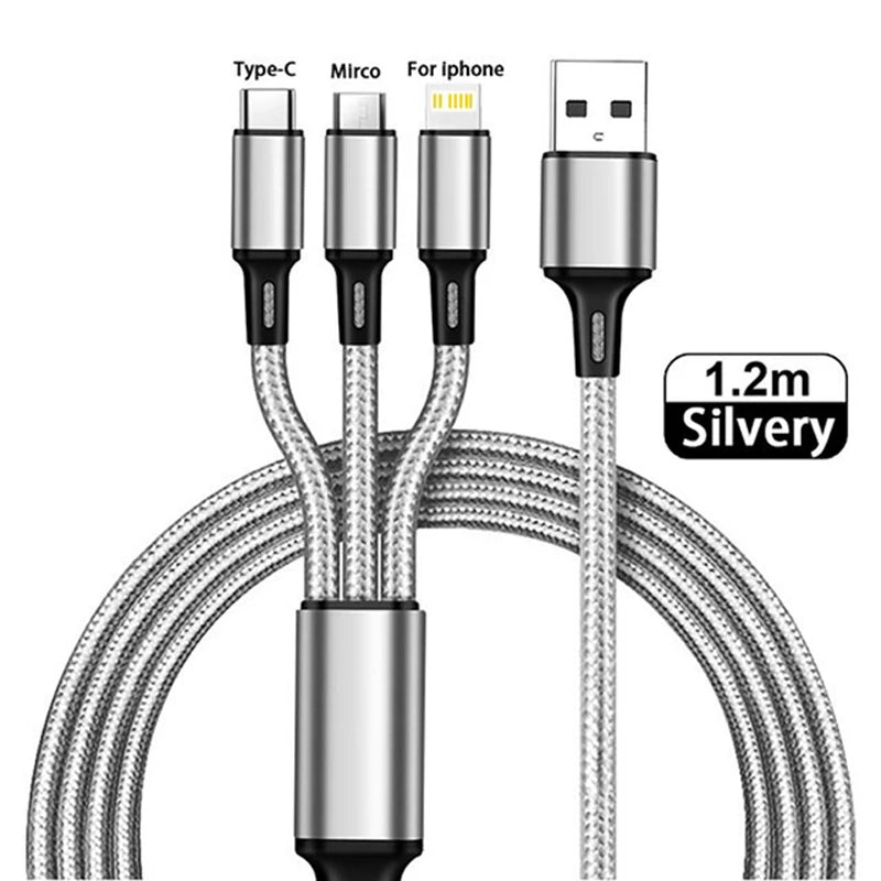 A silver 1.2m multi-charging cable with four connectors: Type-C, Micro USB, Lightning, and USB. The braided design provides durability and versatility for various devices.